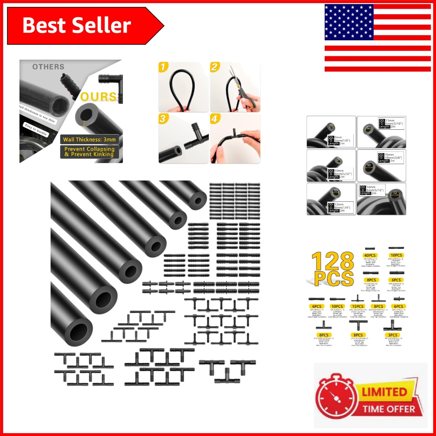 High-Performance Silicone Vacuum Tubing Kit 6.6FT with 128 Connectors – 6 Sizes