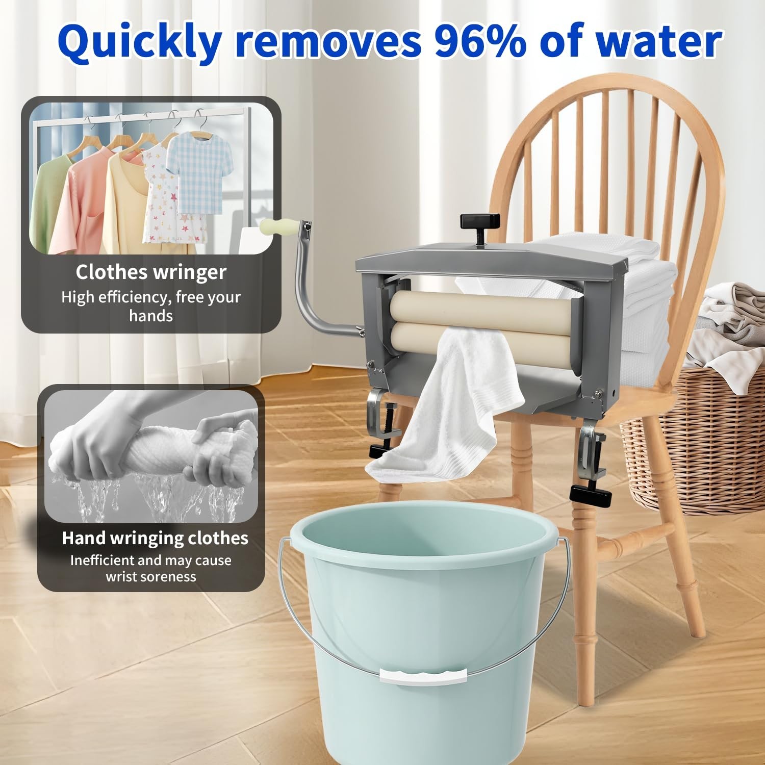Upgraded Clothes Wringer, Hand Crank Laundry Wringer Washer Removes 96% Water
