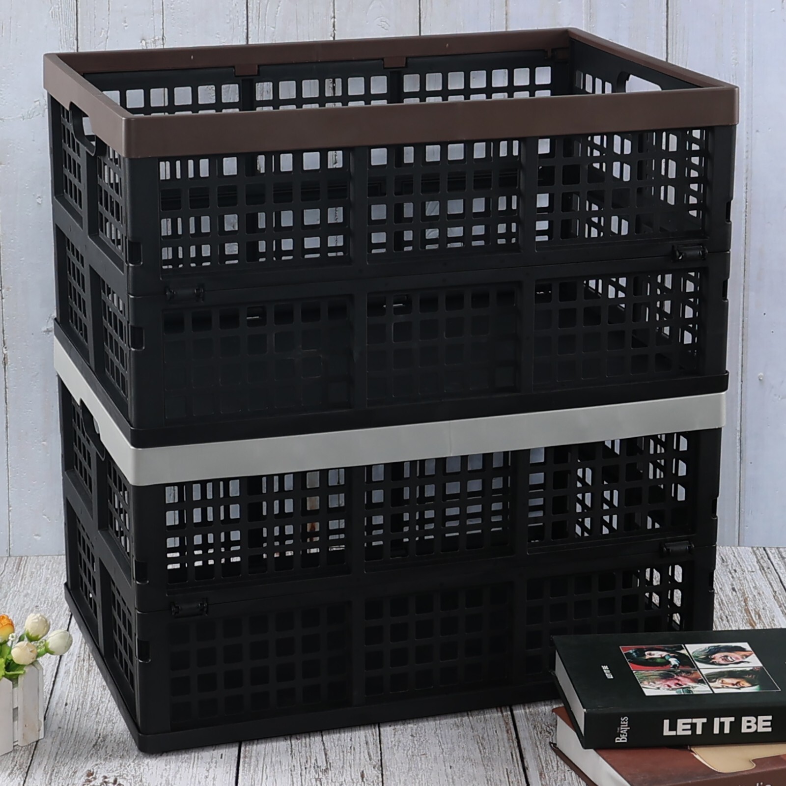 Idotry 42L Plastic Stackable Storage Milk Crate with Handles Heavy Duty (4 Pack)