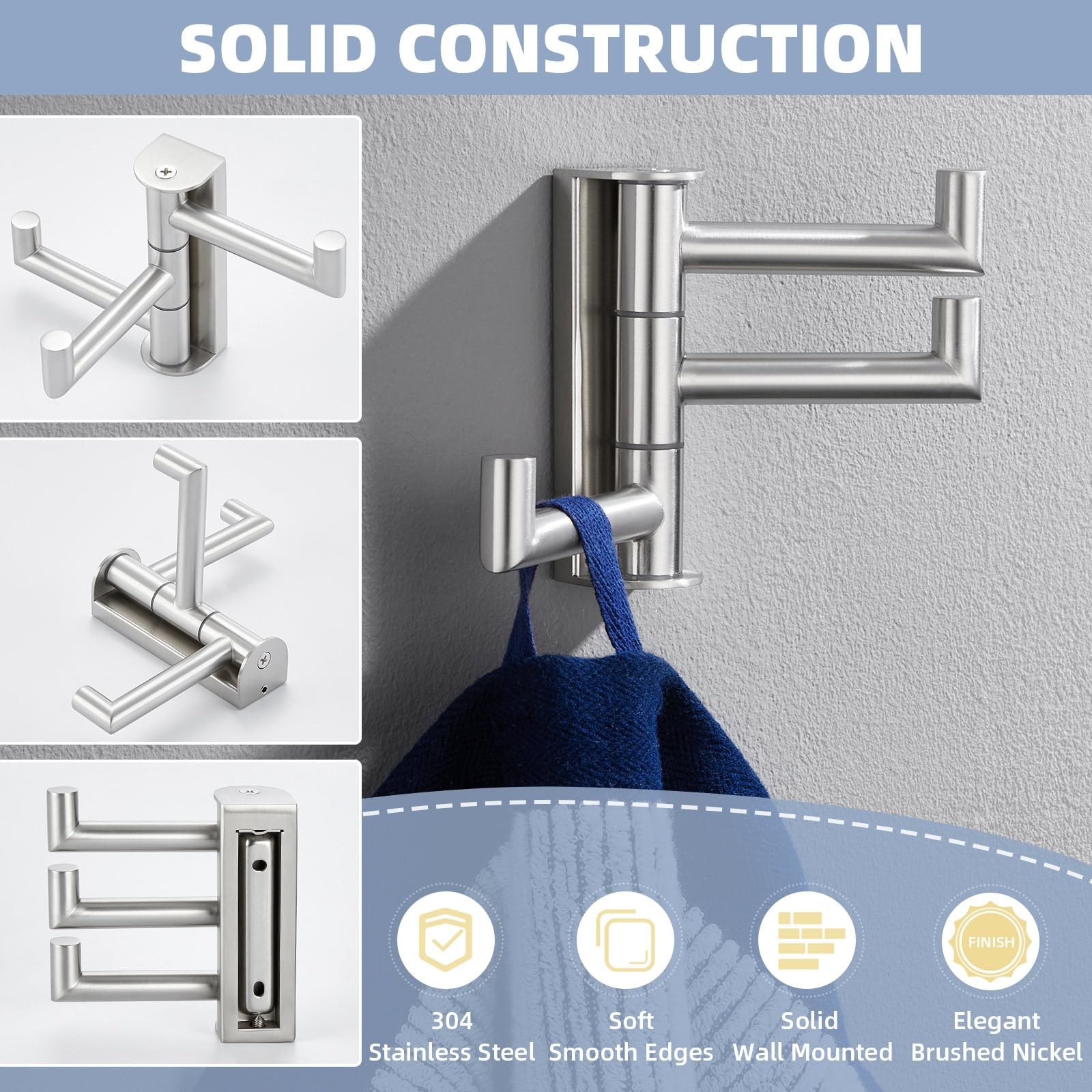 Brushed Nickel Swivel Towel Hook 304 Stainless Steel Foldable Clothes Hook With