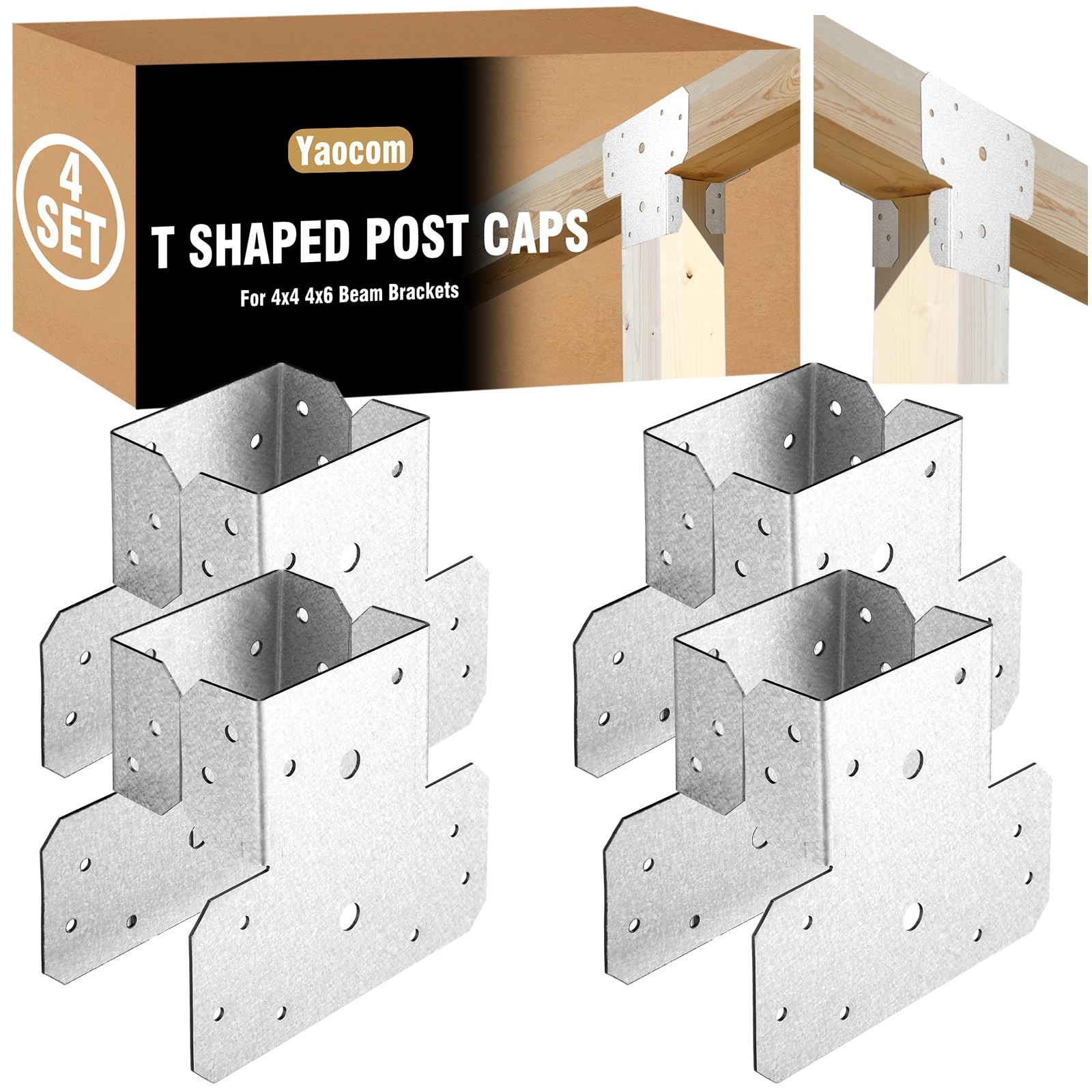 Yaocom 4 Sets Post Bracket T Shaped Post Caps 4×4 4×6 Beam Brackets Beam Conn…