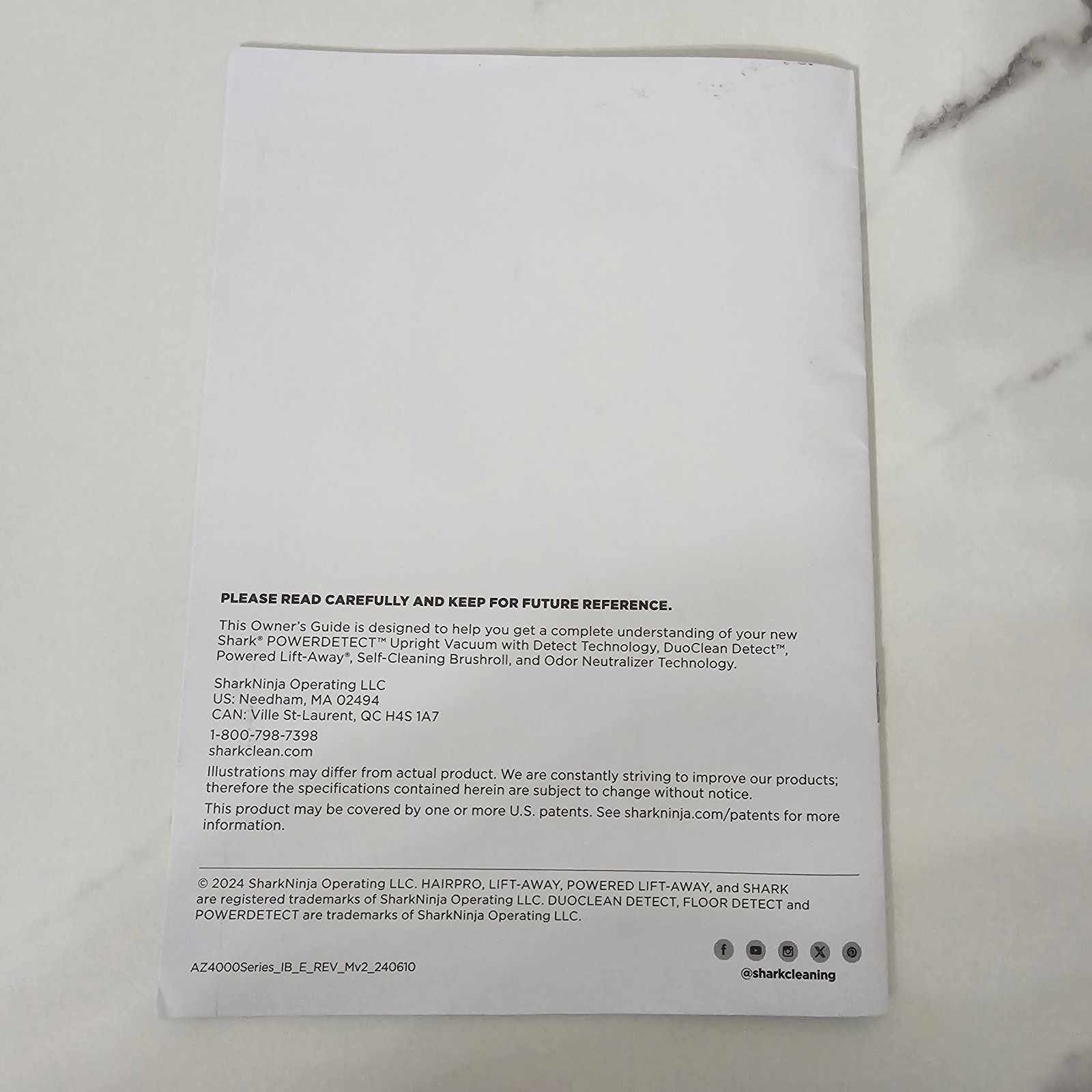Shark Powerdetect Upright Vacuum AZ4000 Owners Guide & Quick Start Guide