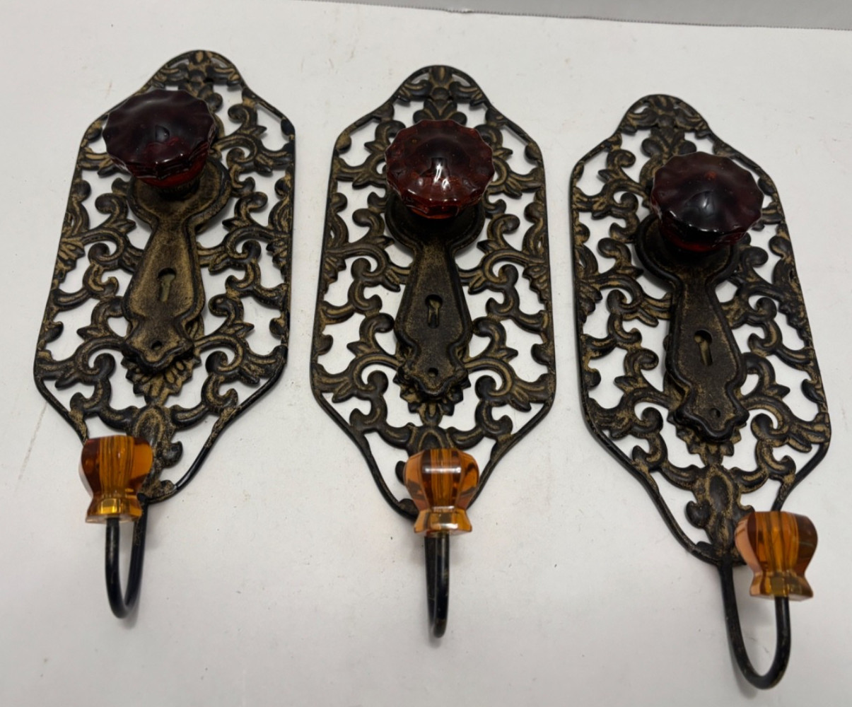 1,2 or 3 Vtg Style WALL HOOK(s) Amber Glass Door Knob Keyhole Scroll Back Hanger