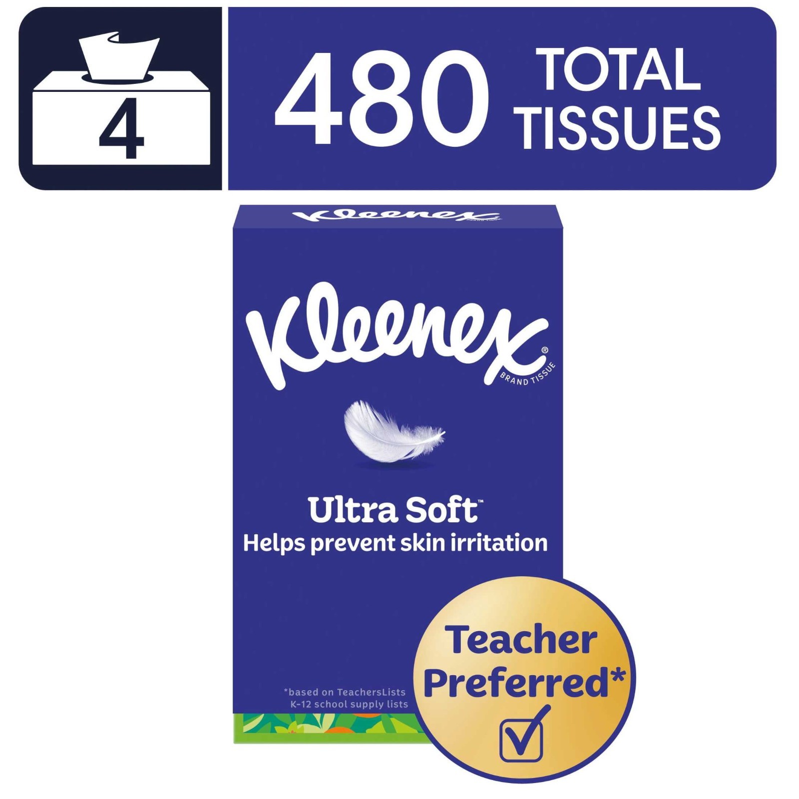 Kleenex Ultra Soft 3 Ply Flat Box Facial Tissues, 4 Pack,480 Total Tissues.