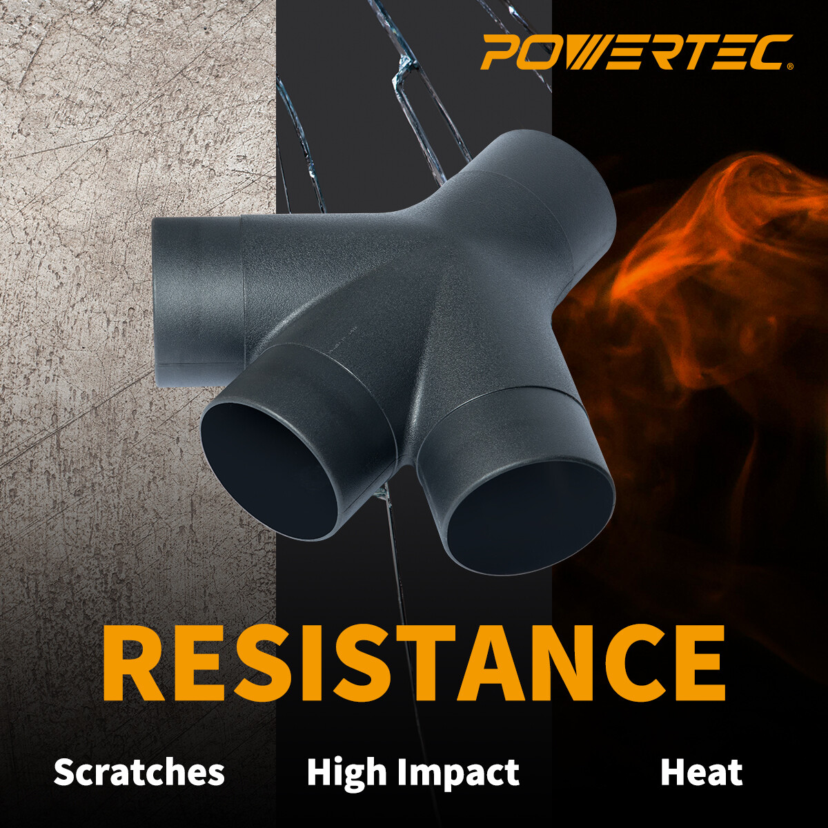 POWERTEC 3-Way Dust Collection Fitting – Y Shaped for 4 inch Hose & Cuff (70275)