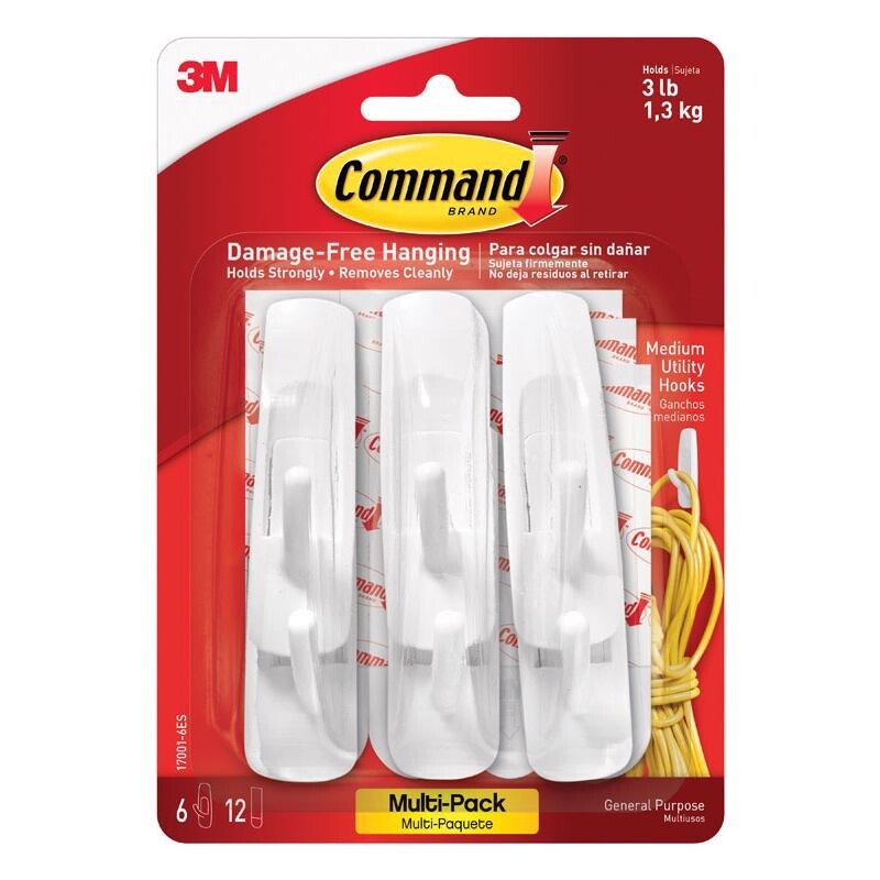 3M Command No Damage Hooks 6pk 3 in. L White 12 Strips Included Holds up to 3lbs