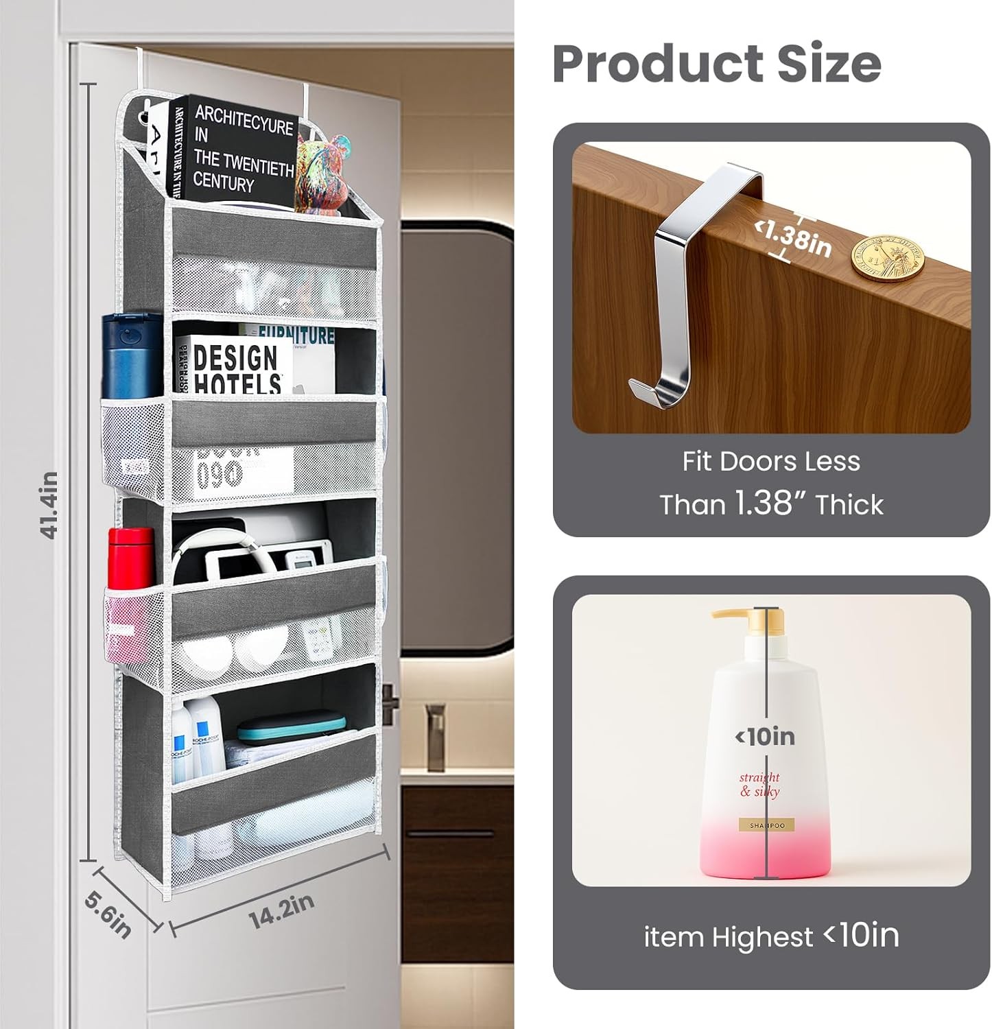 Over Door Organizer, 4-Shelf Mesh Storage Rack with Side Pockets Grey