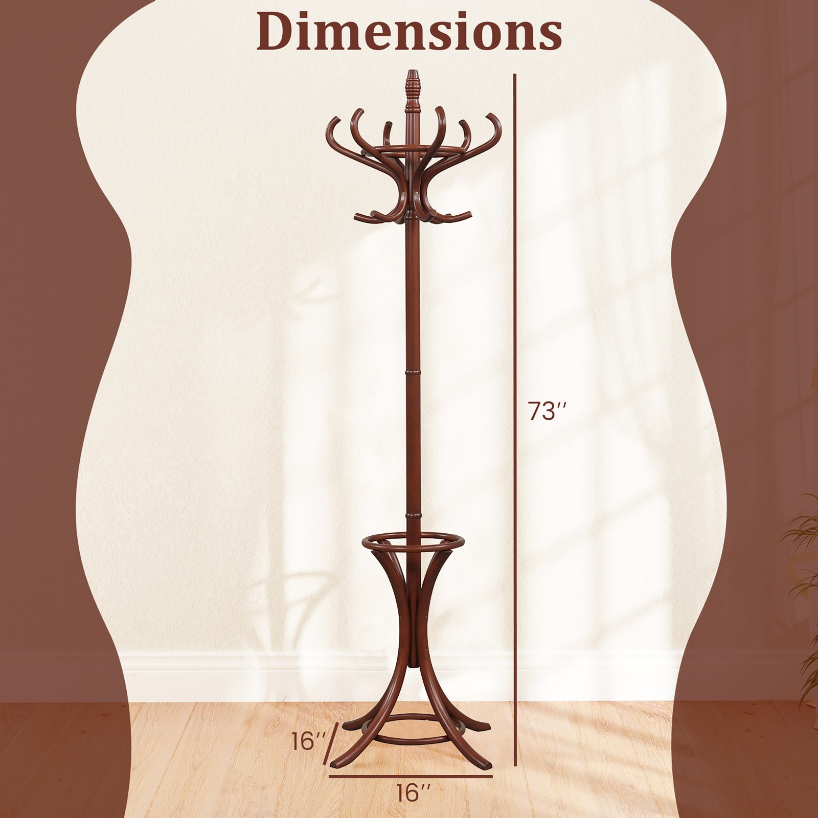 Wood Standing Hat Coat Rack Jacket Bag Hanger Tree 12 Hooks Reddish Brown w/