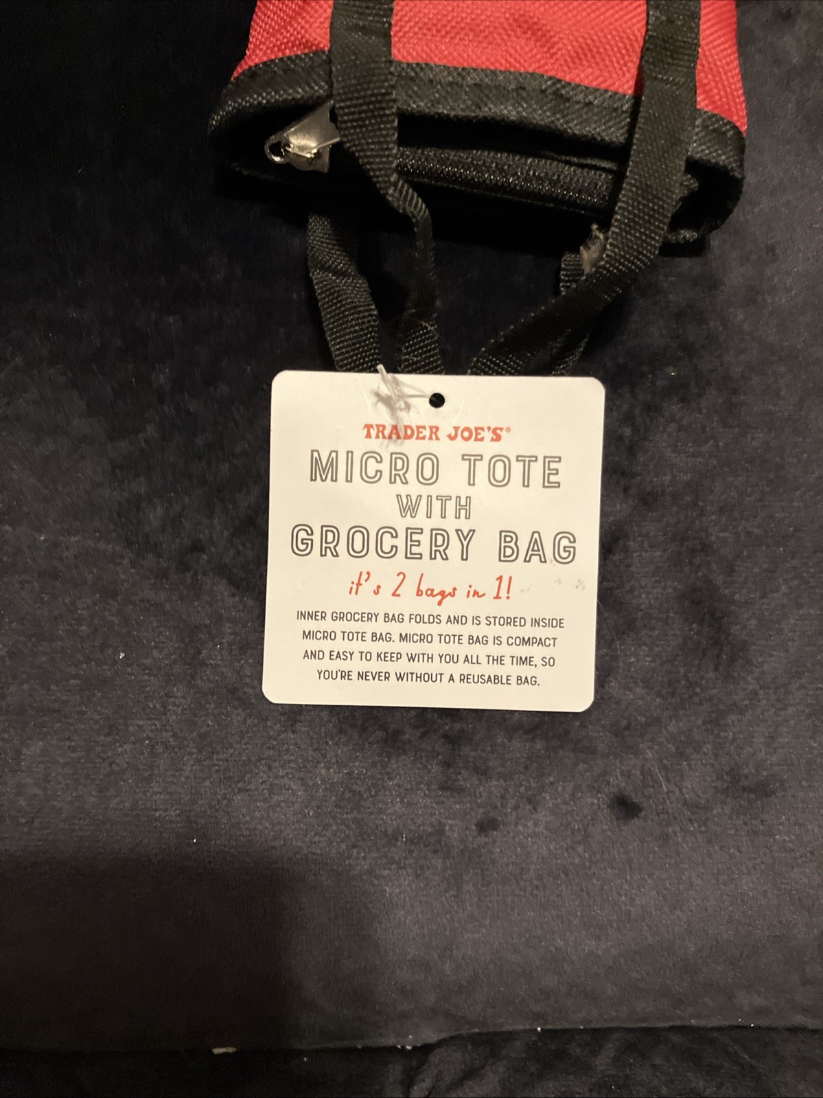 Trader Joe’s Micro Tote With Grocery Bag Red Black Polyester Zipper Small. MWT