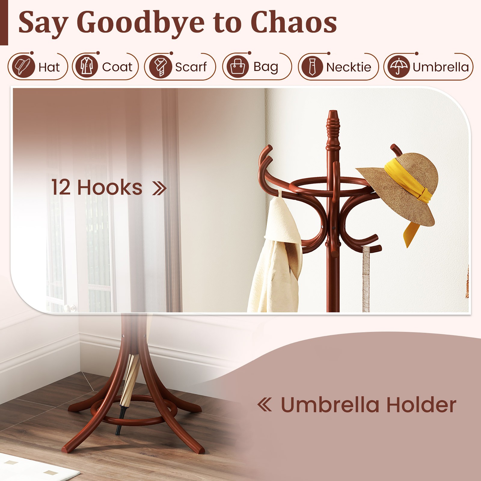 Wood Standing Hat Coat Rack Jacket Bag Hanger Tree 12 Hooks Reddish Brown w/