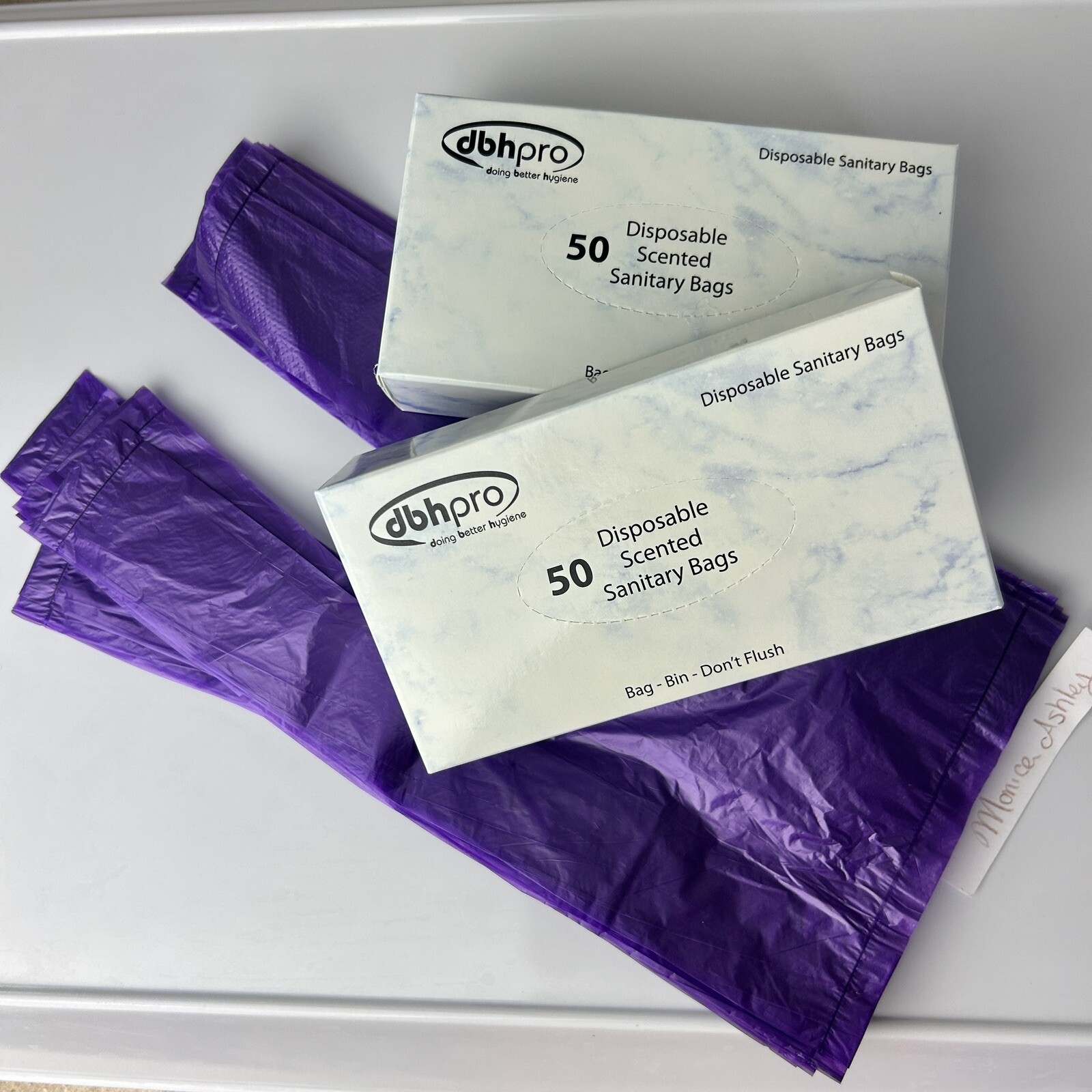 2 NEW Boxes of 50 / 100 Purple Sanitary Napkin Disposal Bags Feminine Hygiene