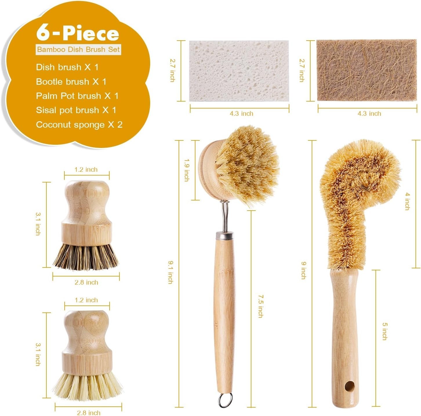 6pc Bamboo Dish Brush Set | Coconut Sponge | Natural Kitchen Cleaning Tools