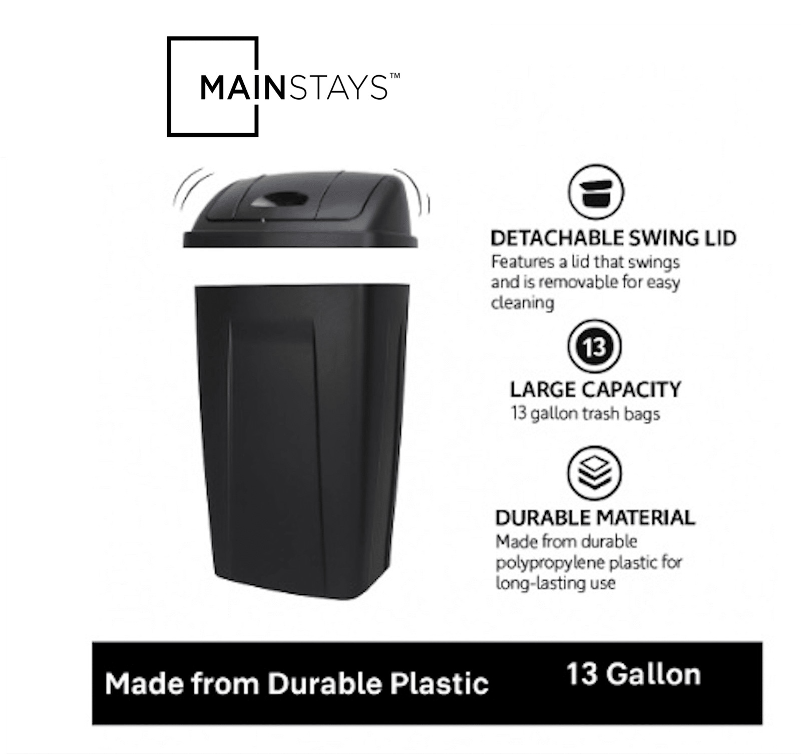 Kitchen Trash Can, 13 Gallon Plastic Garbage Bin with Swing Top Lid, Black