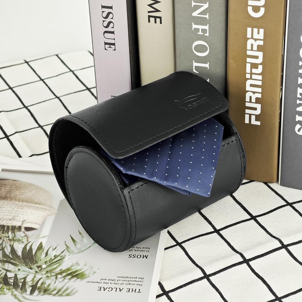 Leather Tie Case Box Organizer For Mens Necktie Bow Tie Storage Black 4.3 Inch