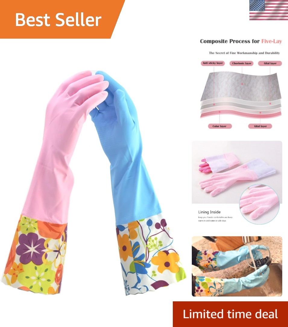 Stylish Pink/Blue 15-Inch Cleaning Gloves – Reusable with Soft Fiber Lining