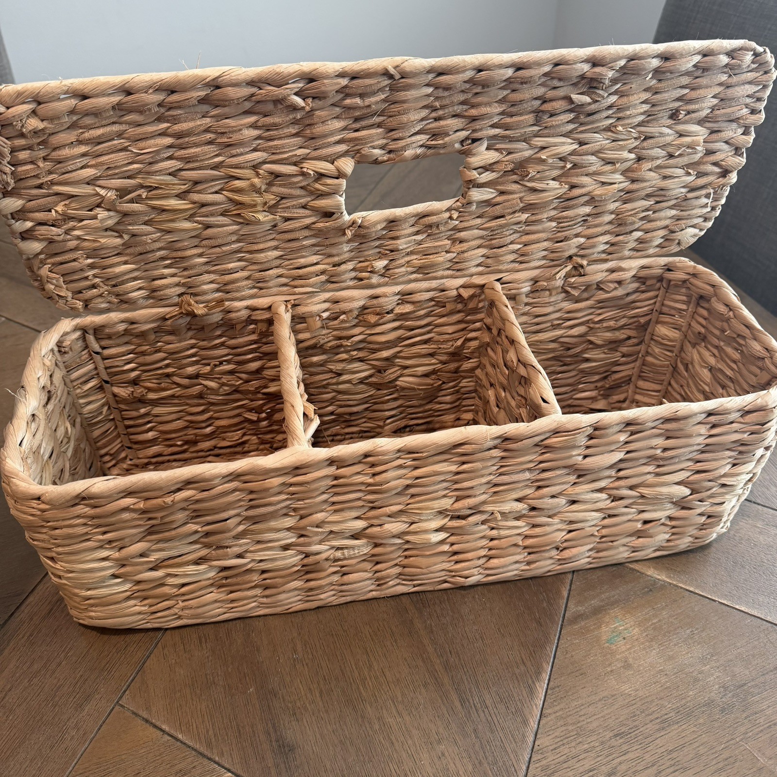 Vintage natural Fiber Hand Woven Rattan 3 section Woven Basket organizer w/Cover