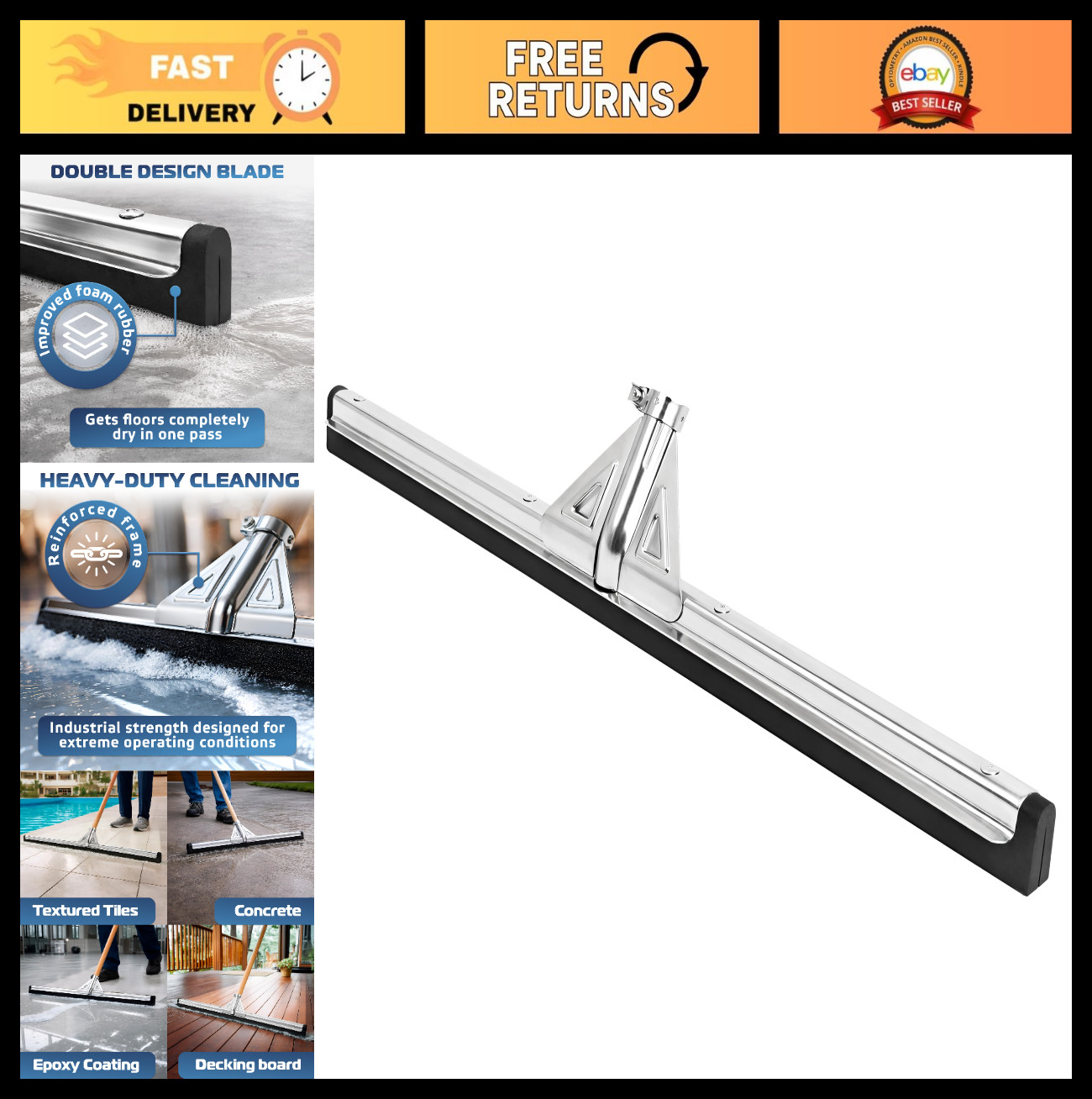 Heavy-Duty 30” Floor Squeegee with Double Foam Rubber Blade for Garage, Tiles,