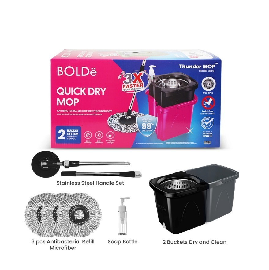 Thunder Mop Dual-Sided Spin System Stackable 6L Mop Bucket Set/3Microfiber Heads