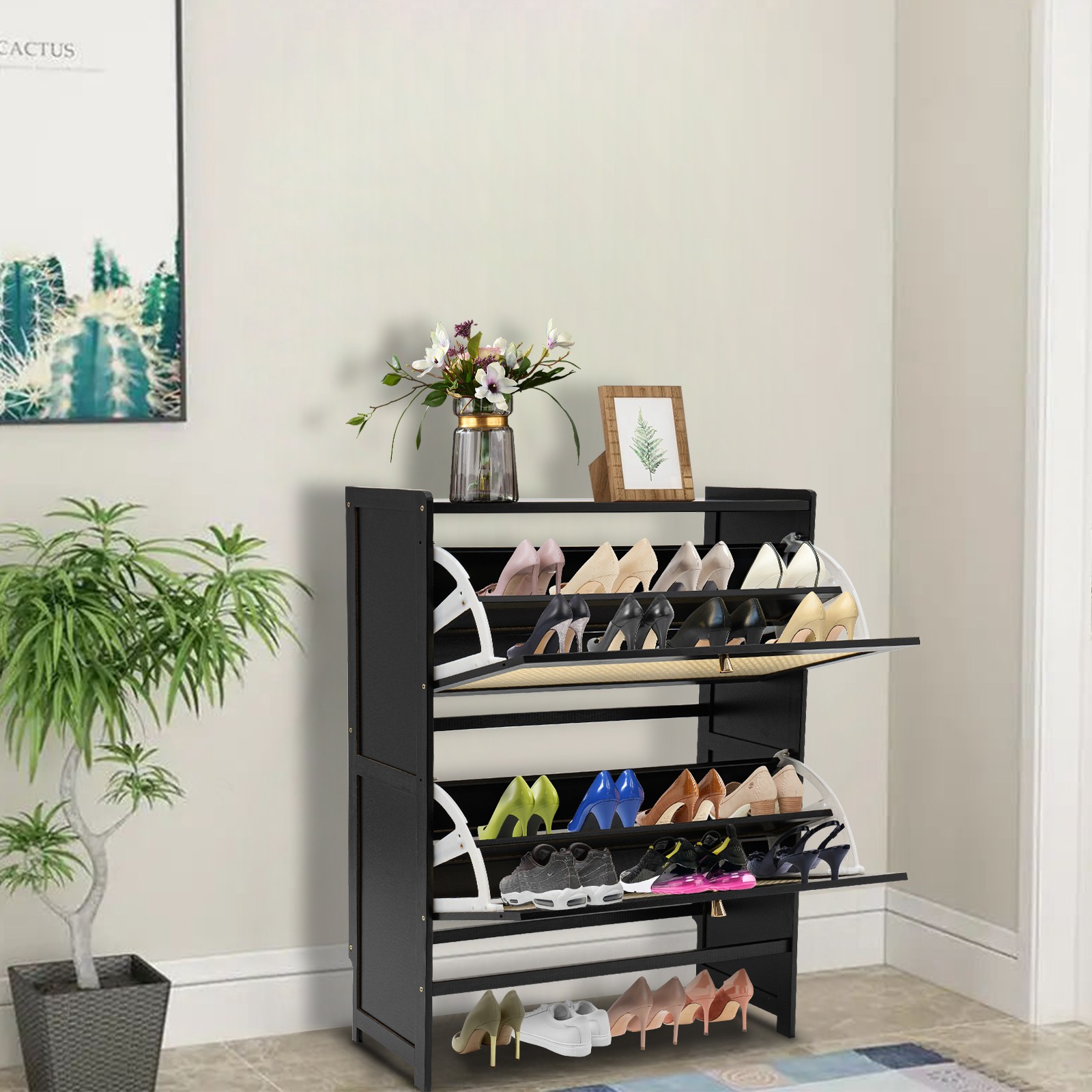 Free Standing Shoe Racks Natural Rattan Shoe Cabinet W/ 2-tier Flip Drawers