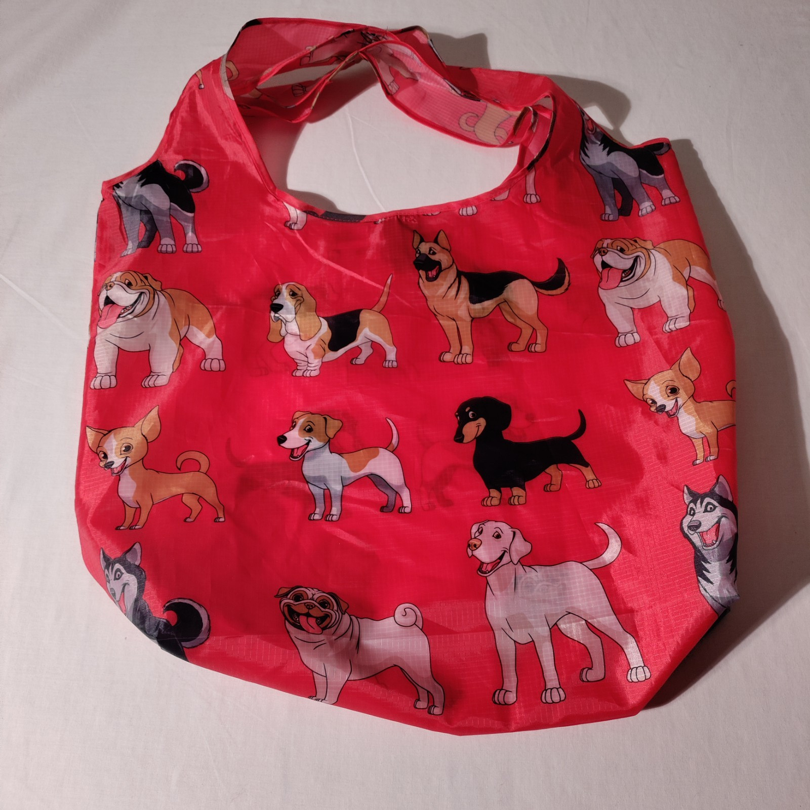 BeeGreen Reusable Nylon Shopping Tote Red Bag with Dogs All Over
