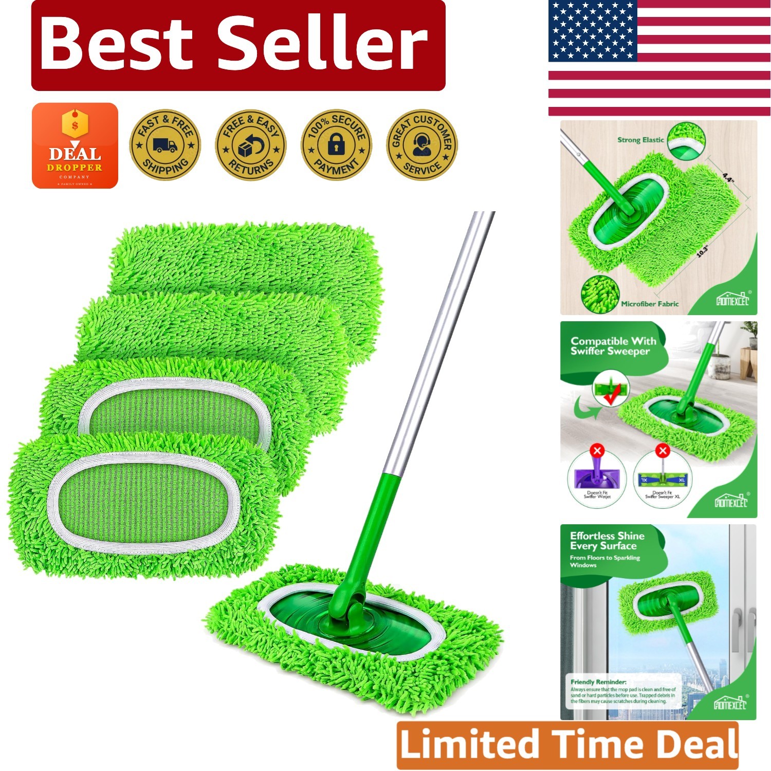 Pack of 4 Reusable Microfiber Mop Pads for All Floor Types – Eco-Friendly Clean