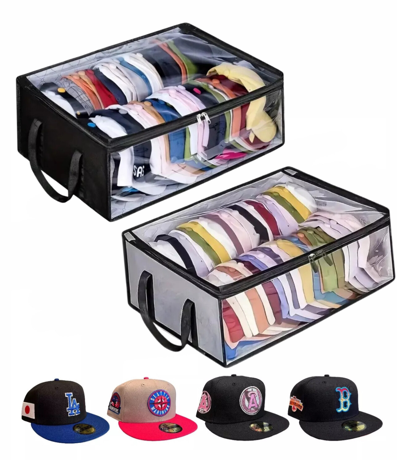 Hat Storage Dust Bag Baseball Hat Cap Organizer Clear Rack Zipper – Black / Gray