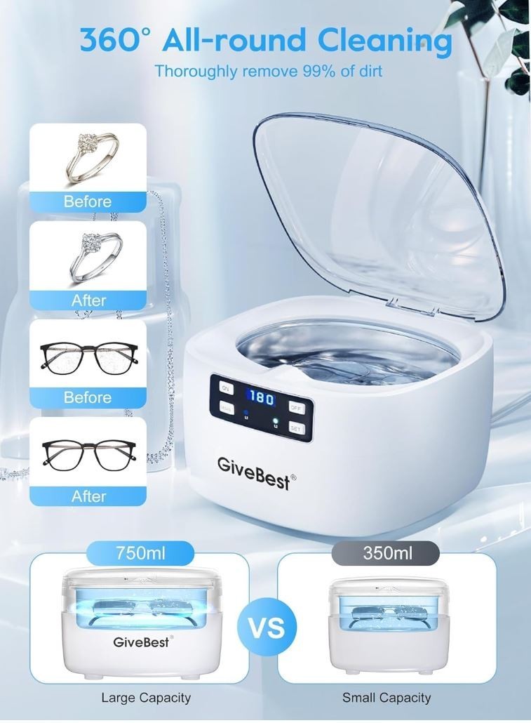 Professional Ultrasonic Jewelry Cleaner, 45kHz w/25oz Stainless Steel Tank