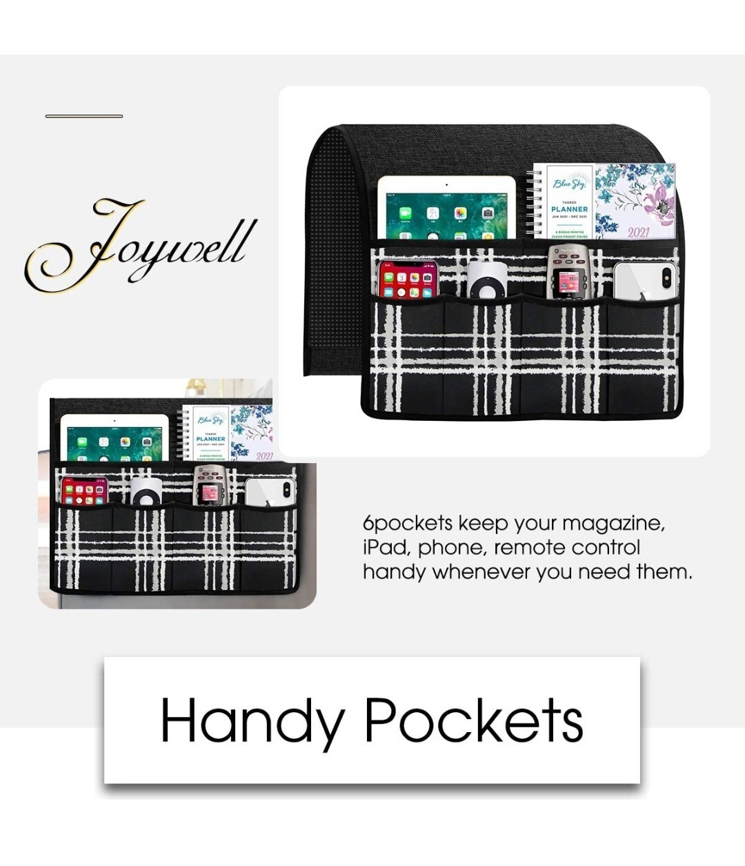 Joywell Linen Checkered Sofa Armrest Organizer, Remote Control Holder for Reclin
