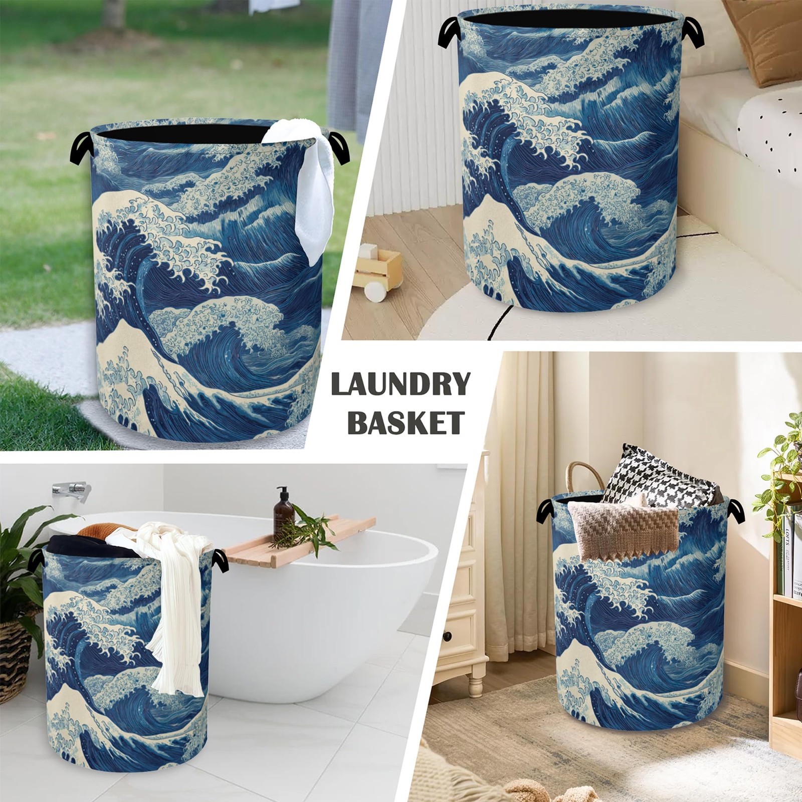 Ocean Wave Laundry Basket,Japanese Foldable Oxford Cloth Tote Bag Laundry Ham…