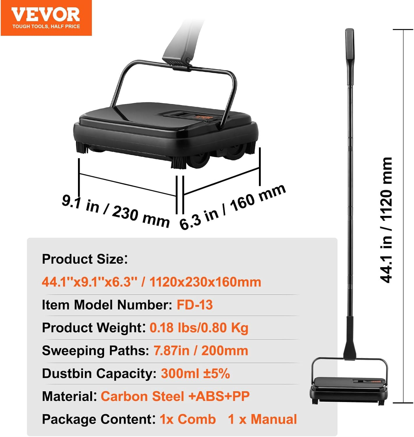 Carpet Sweeper, 7.87 in Sweeping Paths, Floor Sweeper Manual Non Electric, 300 M