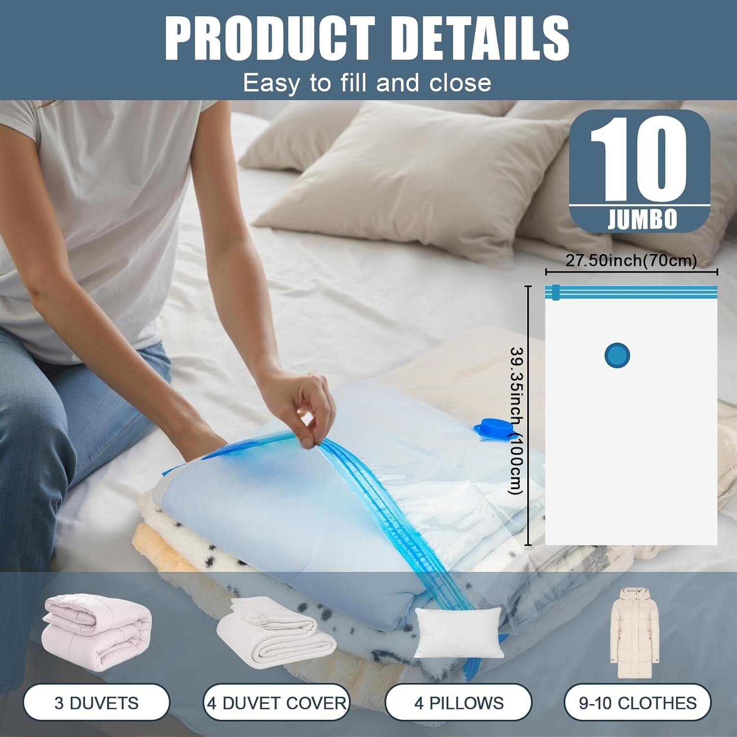 10 x Jumbo Vacuum Storage Bags Travel Space Saver Garment Seal Clothes Hand Pump