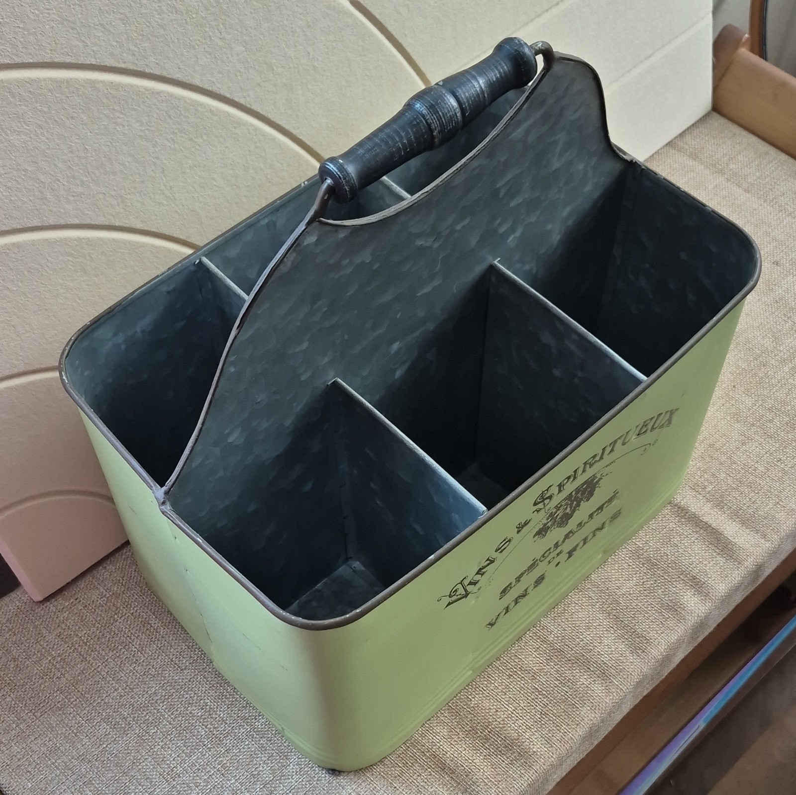 Green/Gray Metal Storage Bin, Wine Caddy w/ Handle, 6 Compartments 12x8x12