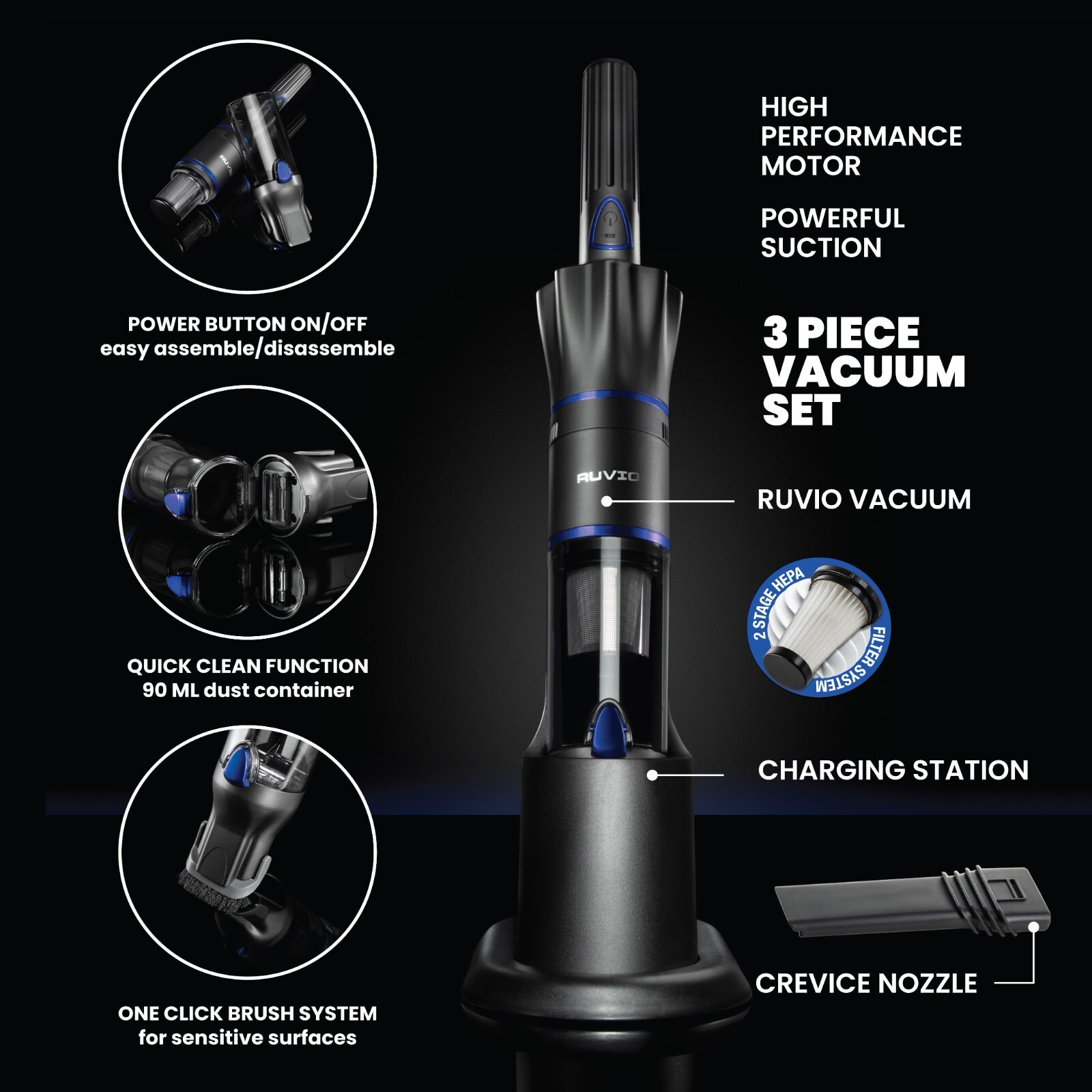 Ruvio Pro Cordless Hand Vacuum 17” Portable Vacuum Cleaner for Home and Car Use