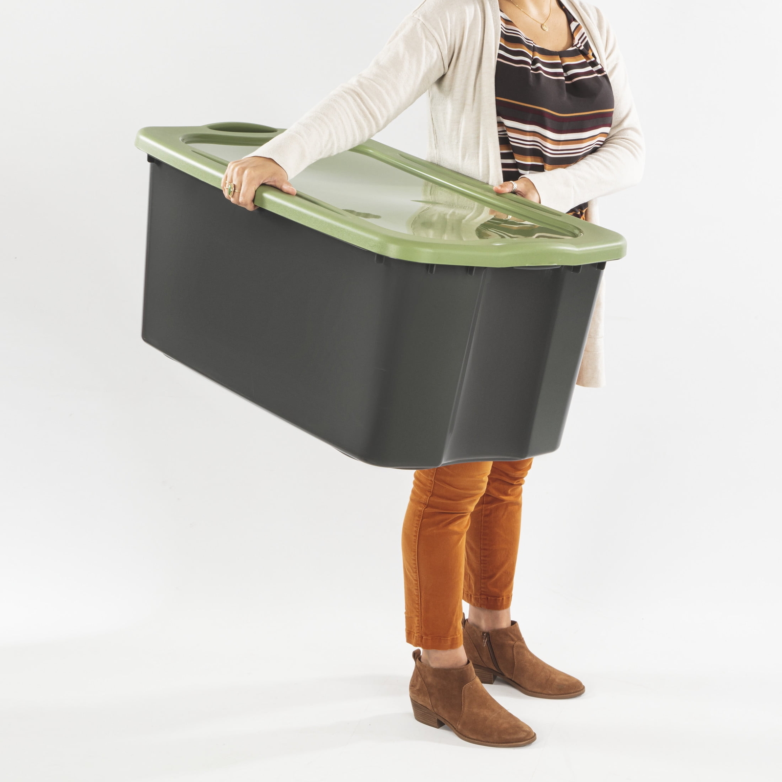 30 Gal. EZ Carry, Clear Plastic Storage Bin, Full-Grip Handles, Gray/Green