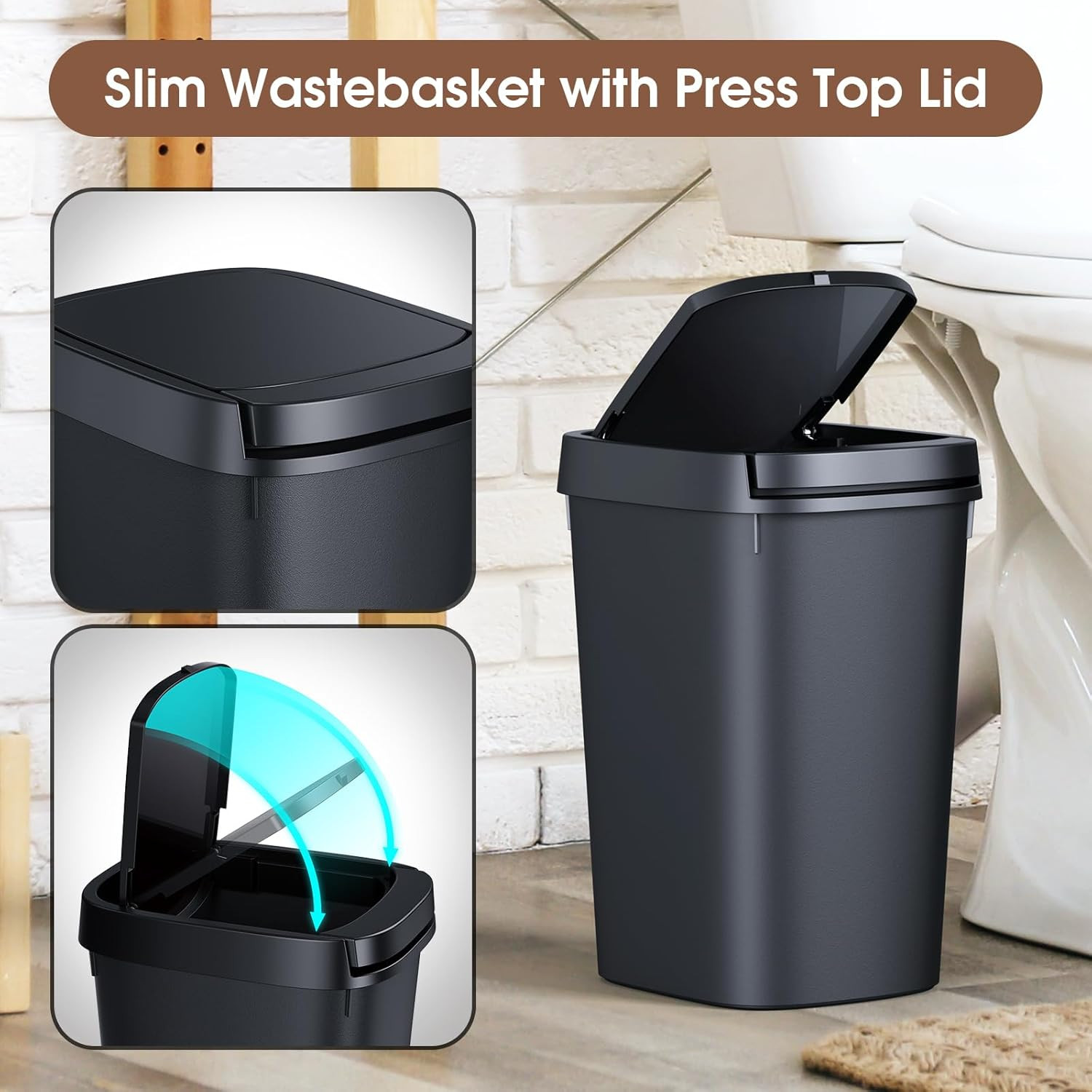 3 Pack Bathroom Trash Can with Lid, 10L/2.6 Gal Small Garbage Can with Press Top