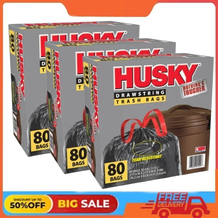 3 packs Husky Large Trash Bags, 30 Gallon, 80 Black Bags (Unscented, 20% PCR)