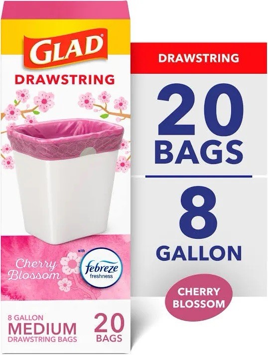 Glad OdorShield, 8 Boxes, Drawstring Trash Bags, Cherry Blossom, 8 Gallon, 160ct