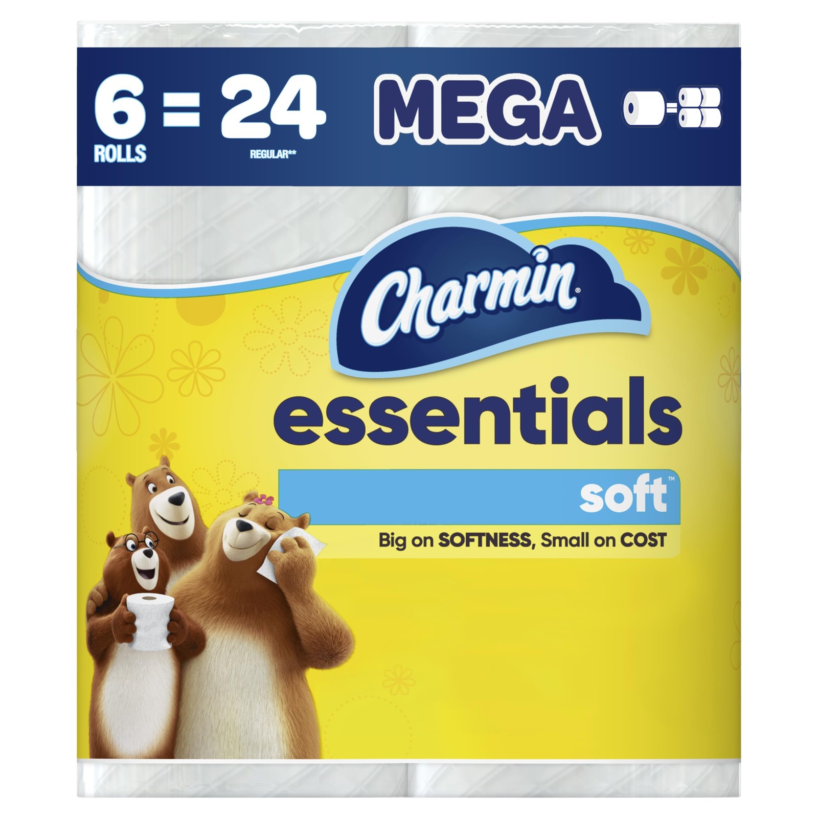 Charmin Essentials Soft Toilet Paper 6 Mega 6 Rolls (330 Sheets), No Color