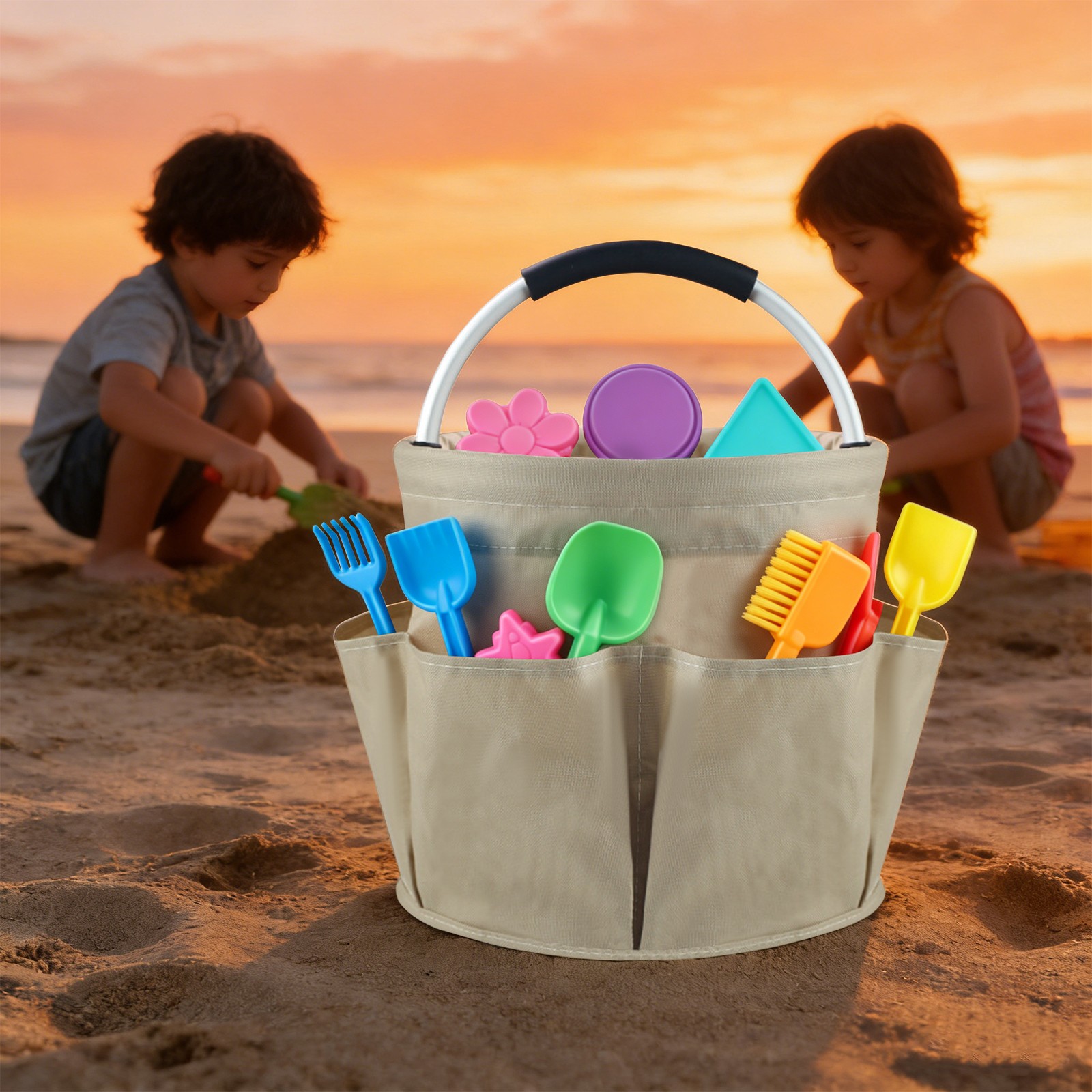 Foldable Storage Basket With Six Side Pockets And Large Central Compartment