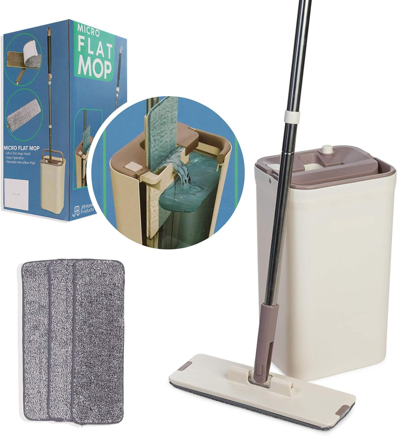 Flat Mop and Bucket Set Self Wringing System 360 Spin Head 3 Microfiber Pads