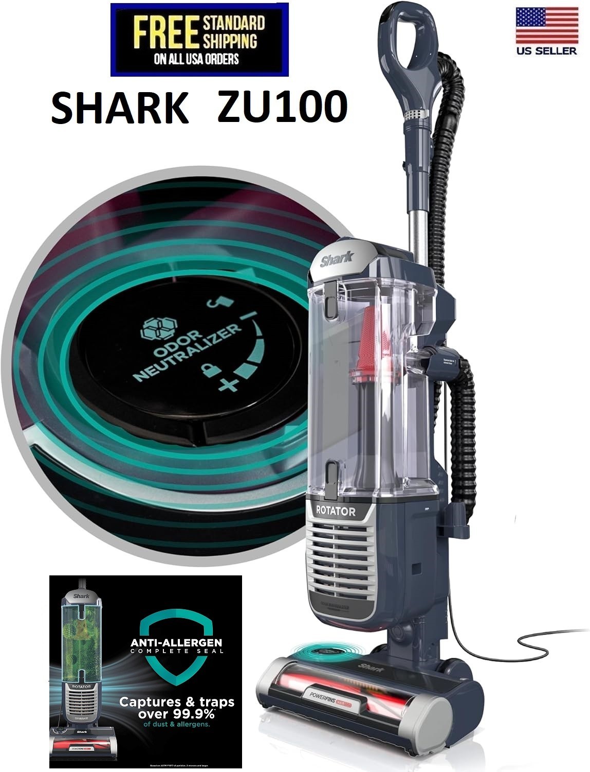 Shark ZU100 Rotator Pet Upright Vacuum W/Powerfins & Odor Neutralizing Tech
