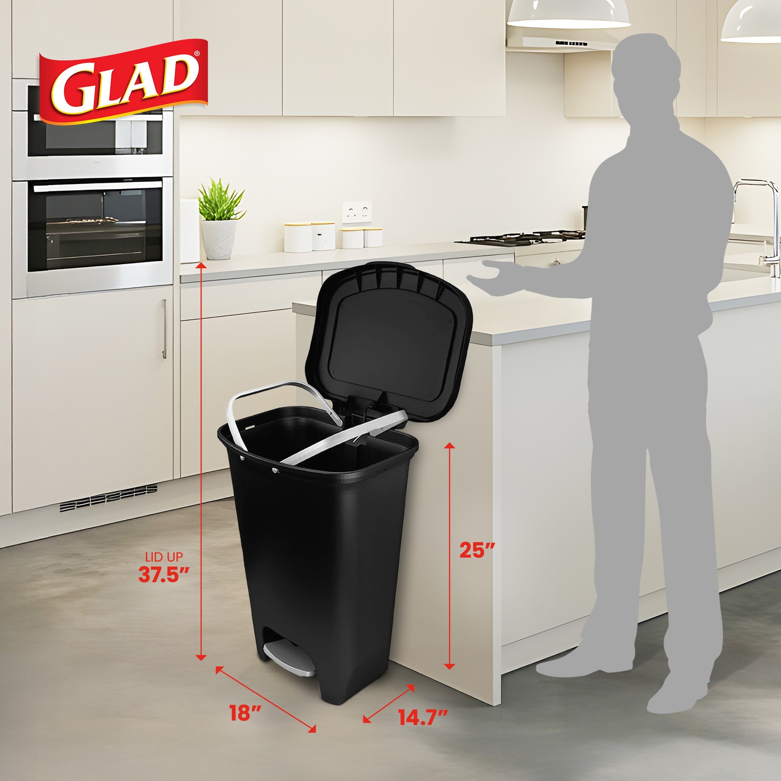 Glad Trash Can w/Lid, Foot Pedal & Garbage Bag Rings, 13 Gal, Black (Open Box)