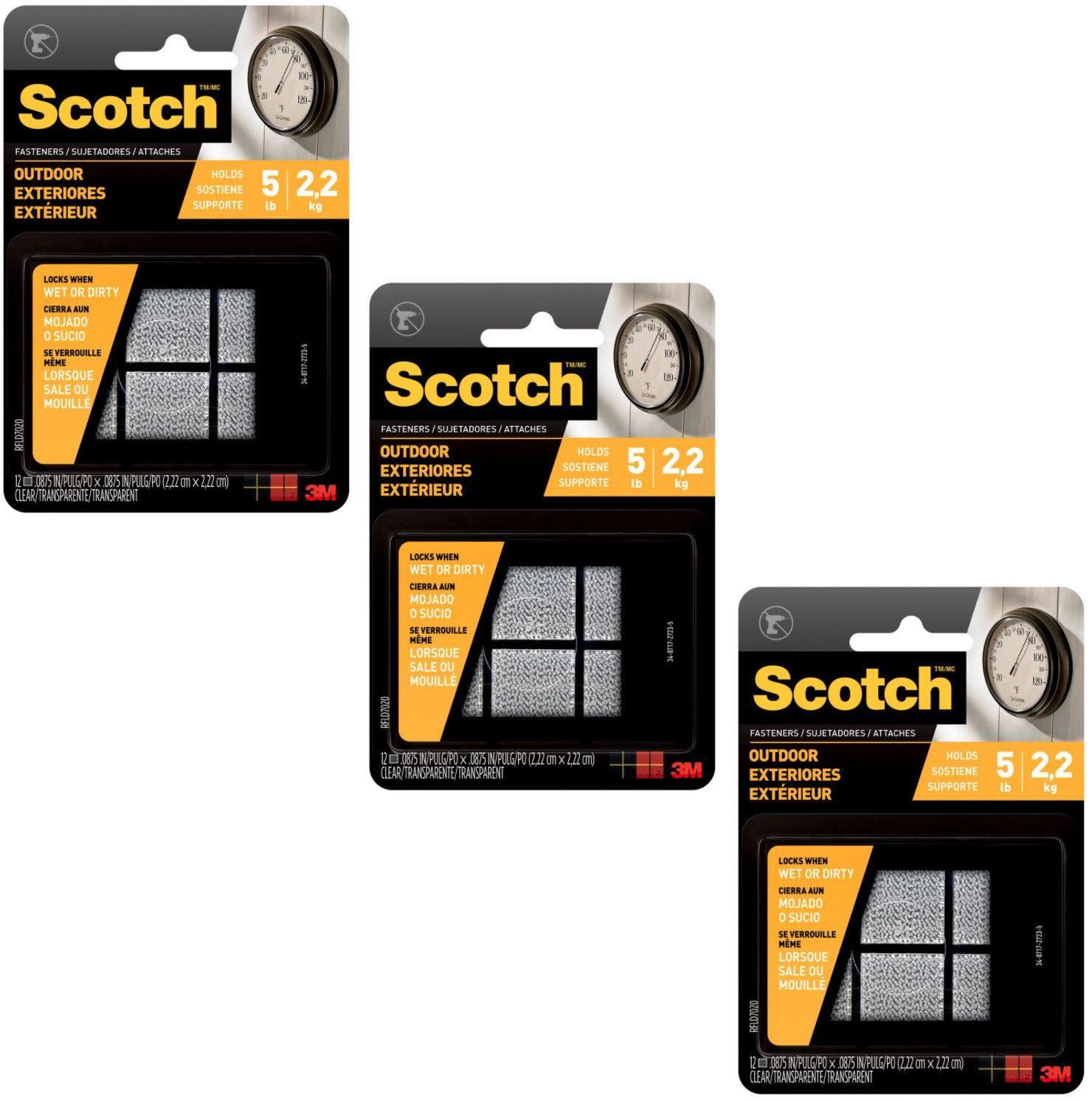 3 Pks 3M Scotch Fastener Indoor/Outdoor Holds 5 lb (12 Fastener/Pk Total 36 Pcs)