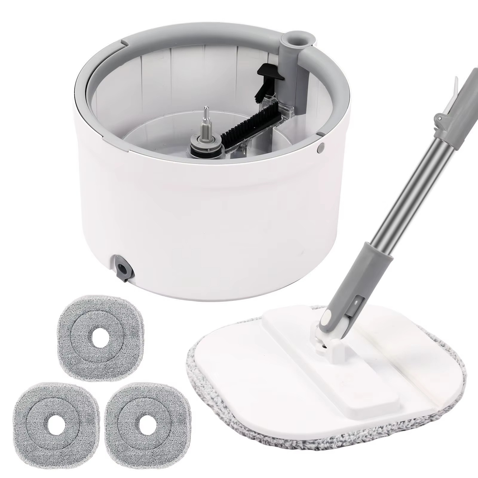 Round Flat Spin Mop Bucket Set Self Wringing Floor Cleaning System with 3 Pads