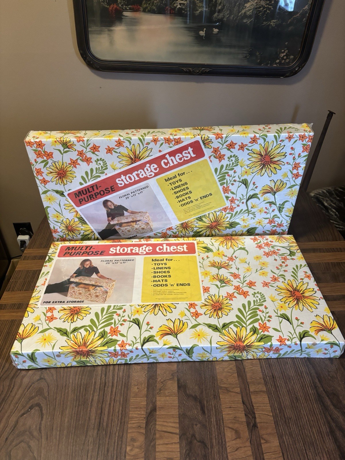 VTG 70s Cardboard Storage Box Pair Retro Flower Power Daisy NOS