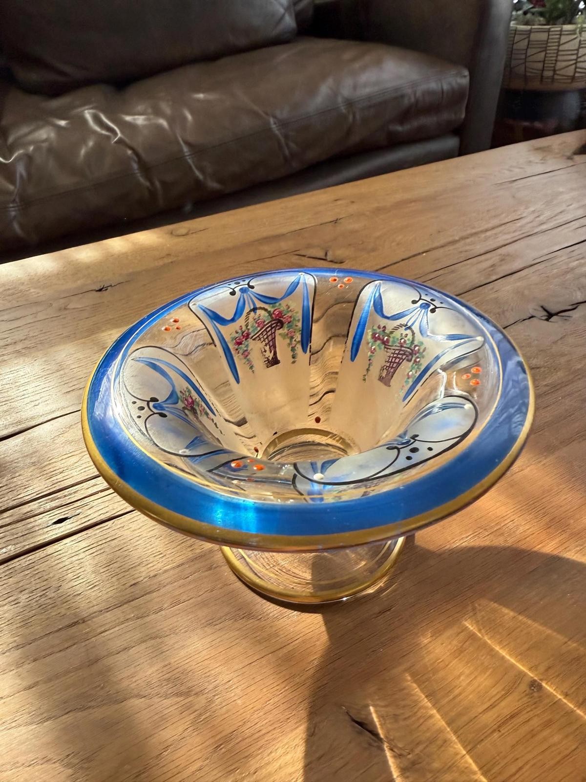 Art Nouveau Gilded Blown Glass Compote Footed Circa 1900 Hand Painted