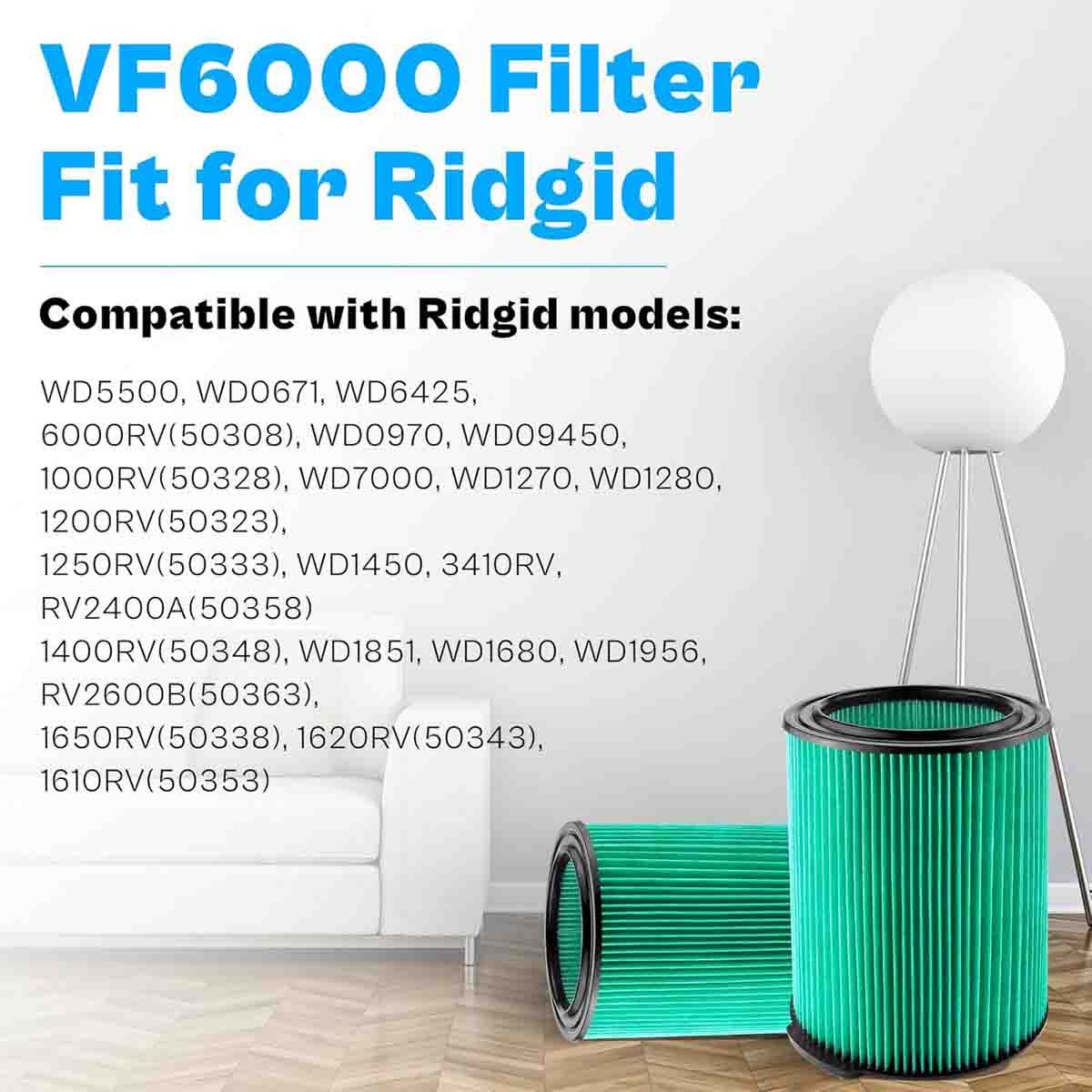 VF6000 Filter Replace For Ridgid Wet Dry Vac Vacuum 5-20 Gallon 1620RV 1610RV