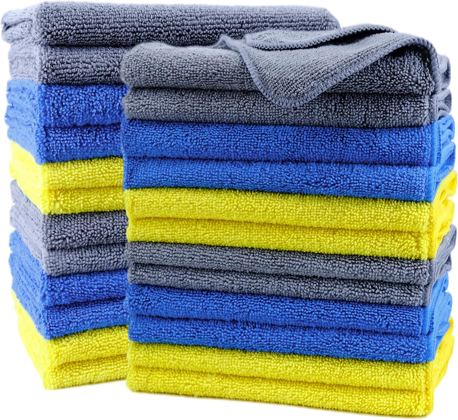 POLYTE Premium Microfiber Cleaning Towel,16×16 in 24 Pack (Blue,Gray,Yellow)
