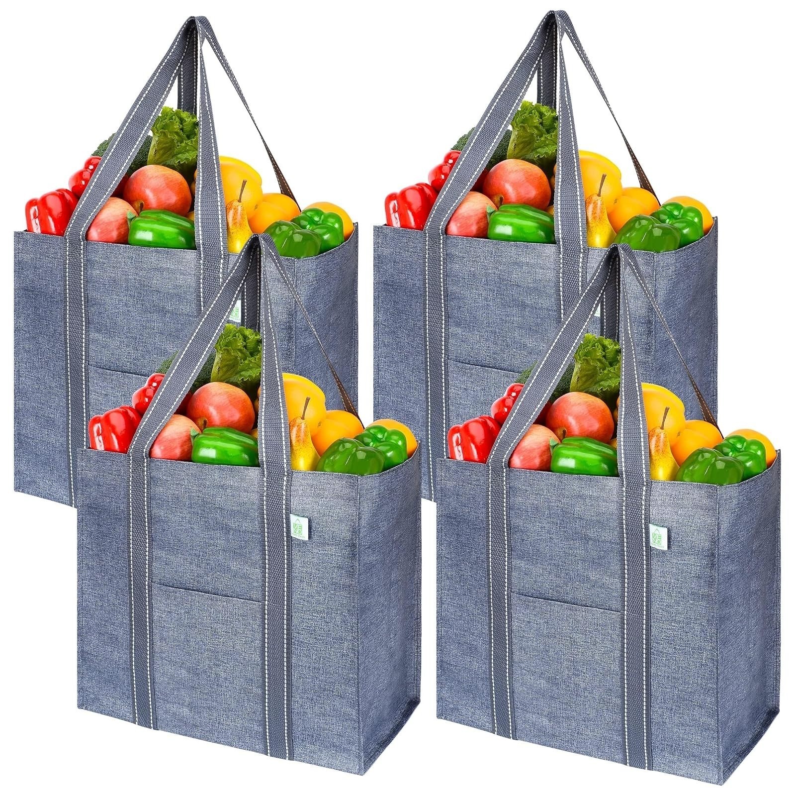 VENO 4 Pack Large Reusable Grocery Bags with Hard Bottom – Gray