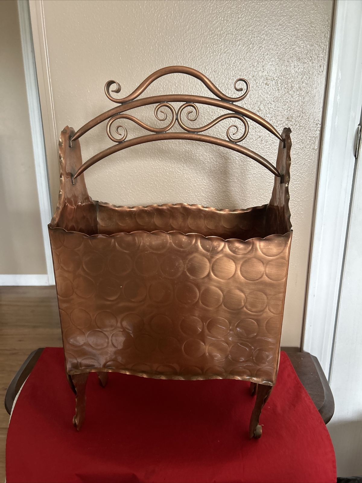 Vintage Art Deco Copper & Metal Ornate Magazine Rack/ Wood Holder